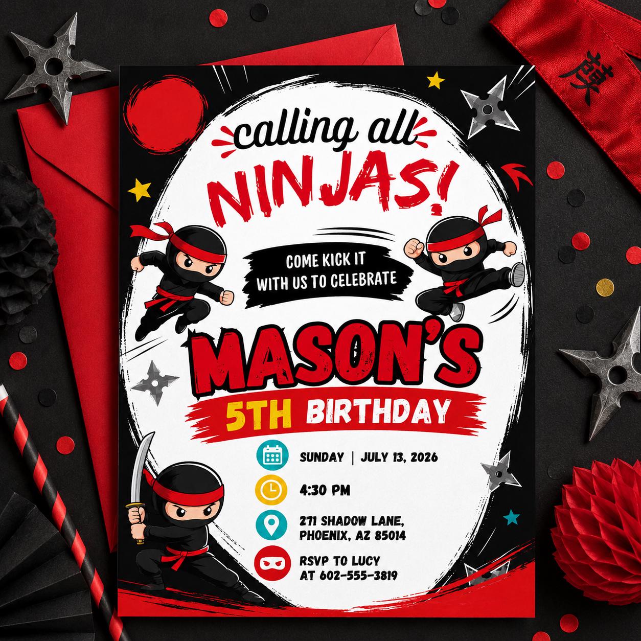 Editable Ninja Birthday Invitation Canva Template, Ninja boys Invitation, Karate Boys Birthday Invite, Ninja Kids Party Invite Digital __etsy:8032600782