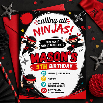 Editable Ninja Birthday Invitation Canva Template, Ninja boys Invitation, Karate Boys Birthday Invite, Ninja Kids Party Invite Digital __etsy:8032600782