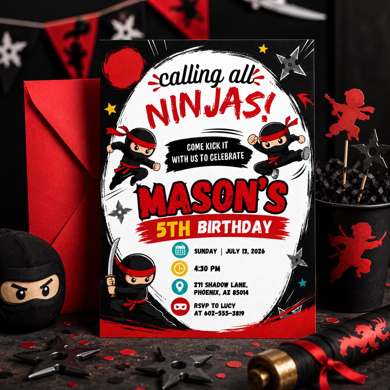 Editable Ninja Birthday Invitation Canva Template, Ninja boys Invitation, Karate Boys Birthday Invite, Ninja Kids Party Invite Digital __etsy:8032600790