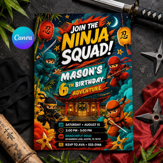 Editable Ninja Birthday Invitation, Ninja Squad Canva Template, Printable Boys Party Invite, Martial Arts Birthday, Dojo Party Digital Files __etsy:8172004673