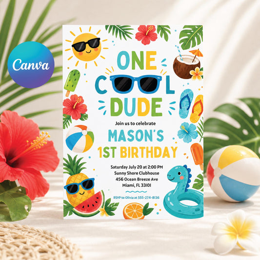 Editable One Cool Dude Birthday Party Invitation Tropical Splish Splash Summer Boy 1st Birthday Party Pool Party,  Editable Canva Template __etsy:7976622766
