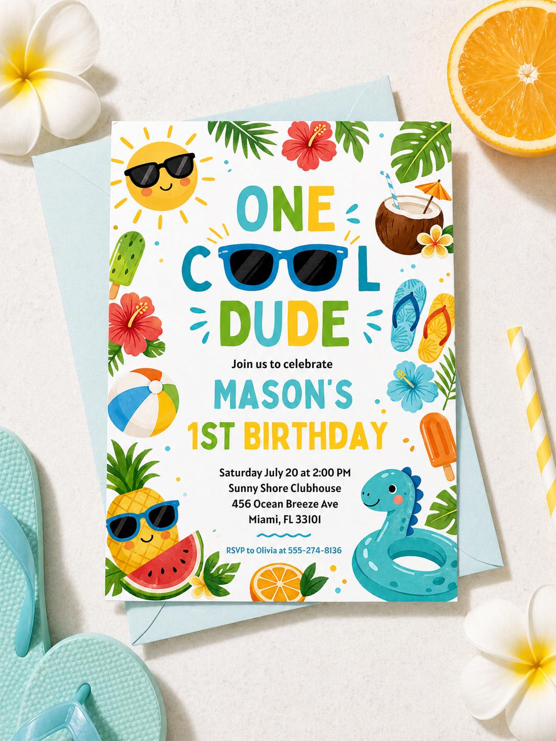 Editable One Cool Dude Birthday Party Invitation Tropical Splish Splash Summer Boy 1st Birthday Party Pool Party,  Editable Canva Template __etsy:7972361874