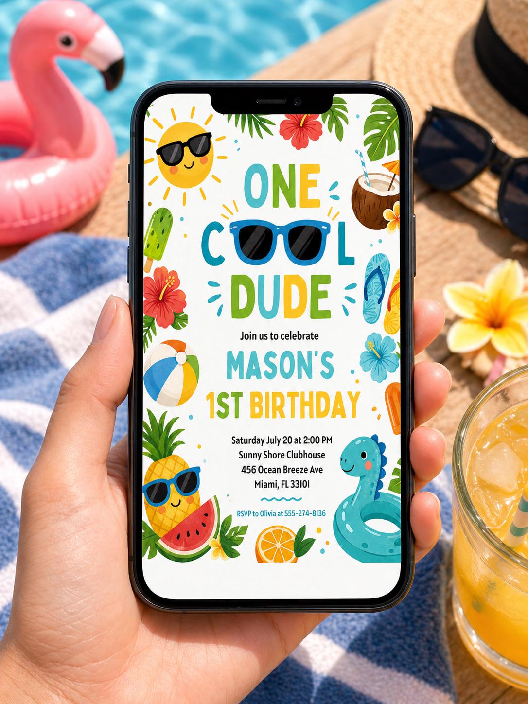 Editable One Cool Dude Birthday Party Invitation Tropical Splish Splash Summer Boy 1st Birthday Party Pool Party,  Editable Canva Template __etsy:7972364778
