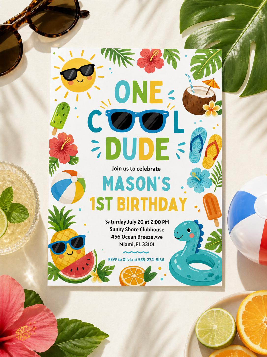 Editable One Cool Dude Birthday Party Invitation Tropical Splish Splash Summer Boy 1st Birthday Party Pool Party,  Editable Canva Template __etsy:8020311593