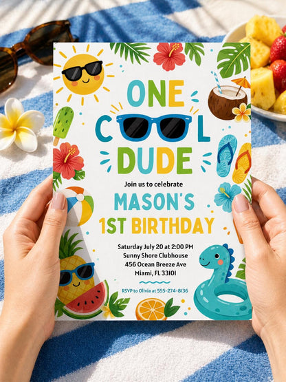 Editable One Cool Dude Birthday Party Invitation Tropical Splish Splash Summer Boy 1st Birthday Party Pool Party,  Editable Canva Template __etsy:7972361876