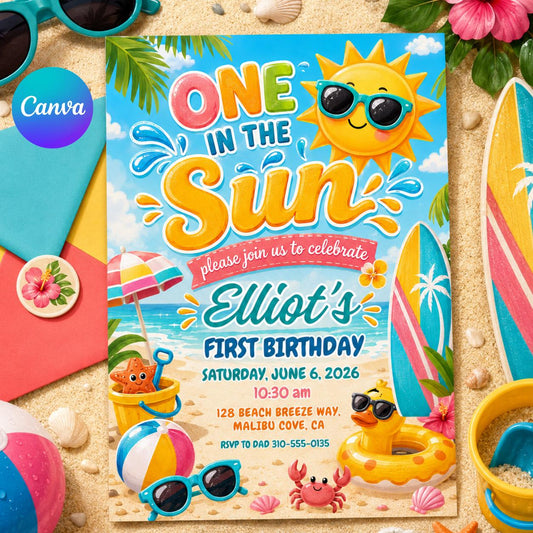 Editable One In The Sun 1st Birthday Party, Tropical Summer Boy Shark Pool Party Invite Template, Pool Party 1st Birthday Invite, Canva __etsy:8058481549