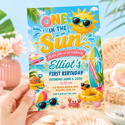 Editable One In The Sun 1st Birthday Party, Tropical Summer Boy Shark Pool Party Invite Template, Pool Party 1st Birthday Invite, Canva __etsy:8058481021