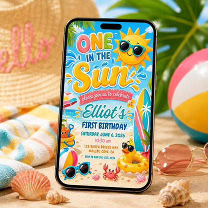 Editable One In The Sun 1st Birthday Party, Tropical Summer Boy Shark Pool Party Invite Template, Pool Party 1st Birthday Invite, Canva __etsy:8010566766