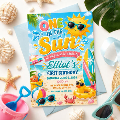 Editable One In The Sun 1st Birthday Party, Tropical Summer Boy Shark Pool Party Invite Template, Pool Party 1st Birthday Invite, Canva __etsy:8010566770