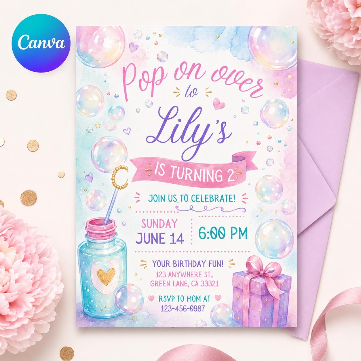 Editable Pastel Pop On Over Bubble Birthday Invitation, Blue Bubble Party, Canva Template __etsy:8049276832