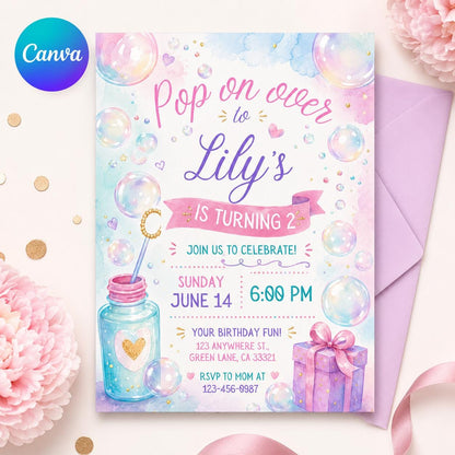 Editable Pastel Pop On Over Bubble Birthday Invitation, Blue Bubble Party, Canva Template __etsy:8049276832
