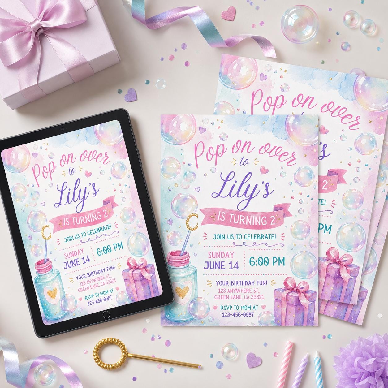 Editable Pastel Pop On Over Bubble Birthday Invitation, Blue Bubble Party, Canva Template __etsy:8097189919