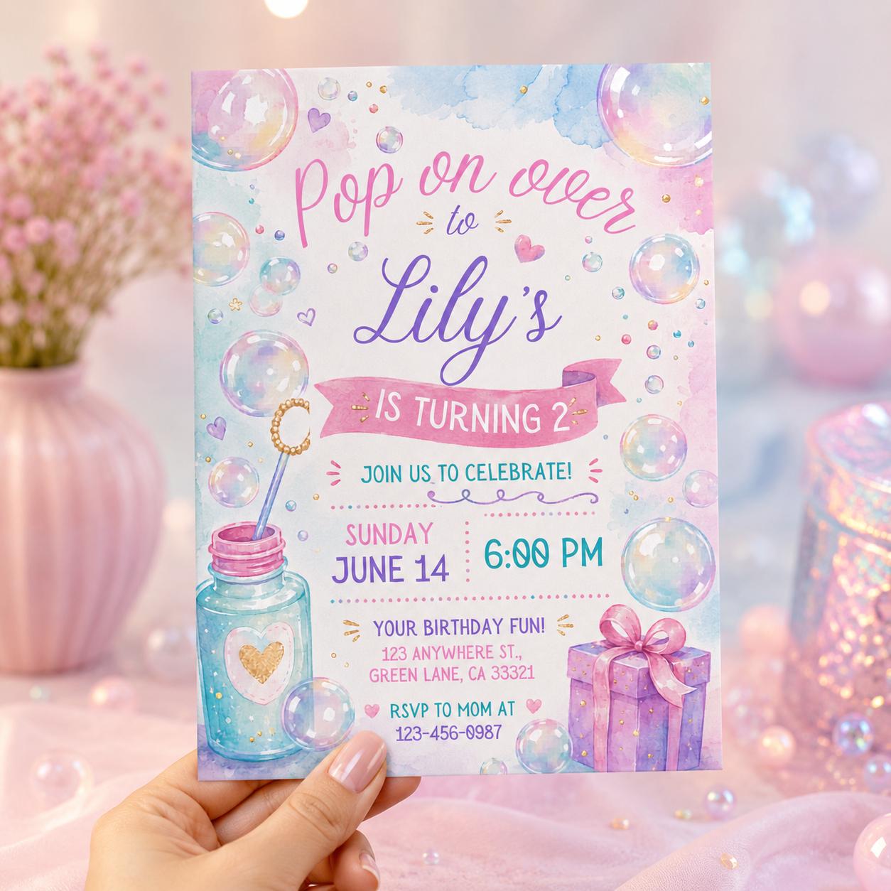 Editable Pastel Pop On Over Bubble Birthday Invitation, Blue Bubble Party, Canva Template __etsy:8097189931