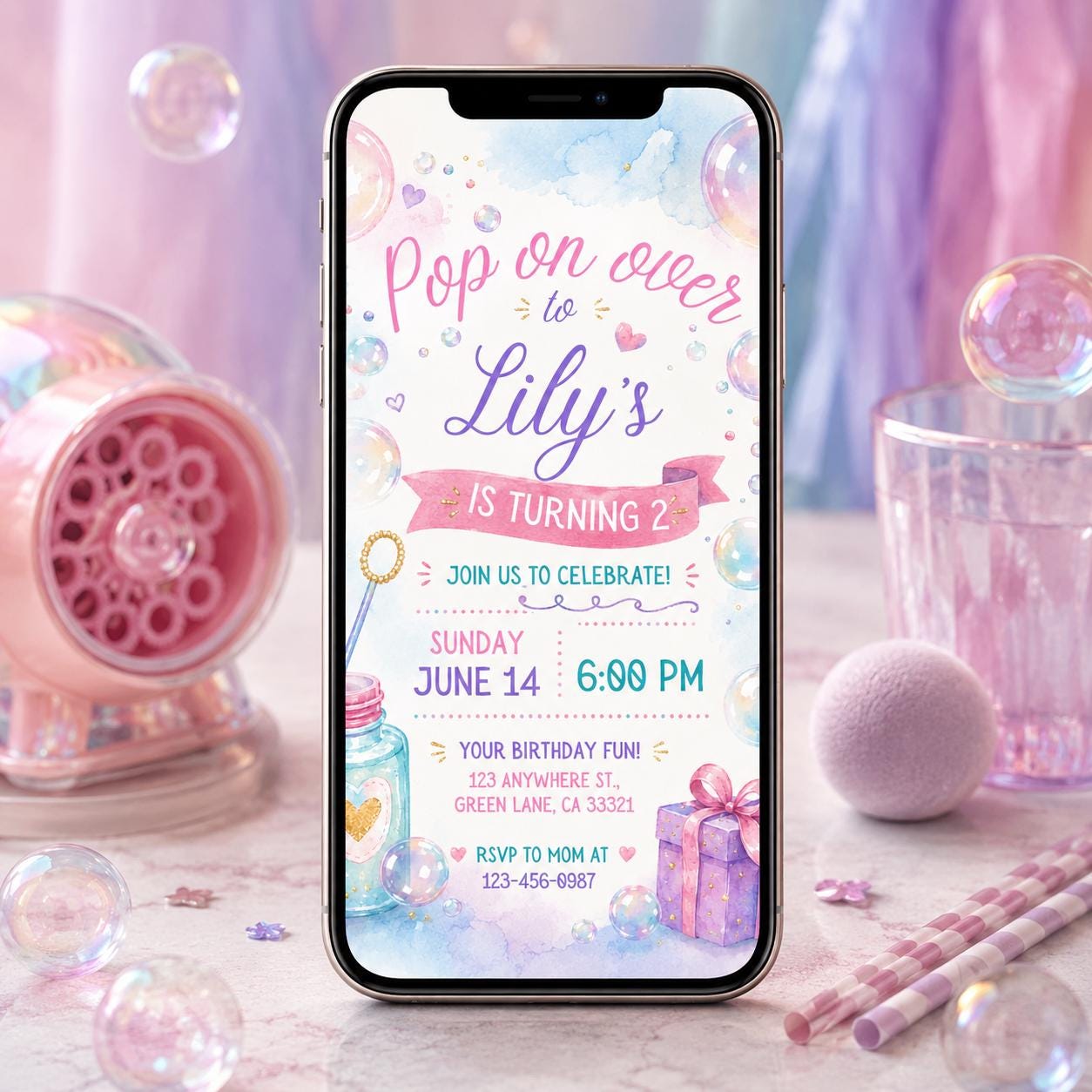 Editable Pastel Pop On Over Bubble Birthday Invitation, Blue Bubble Party, Canva Template __etsy:8049276830