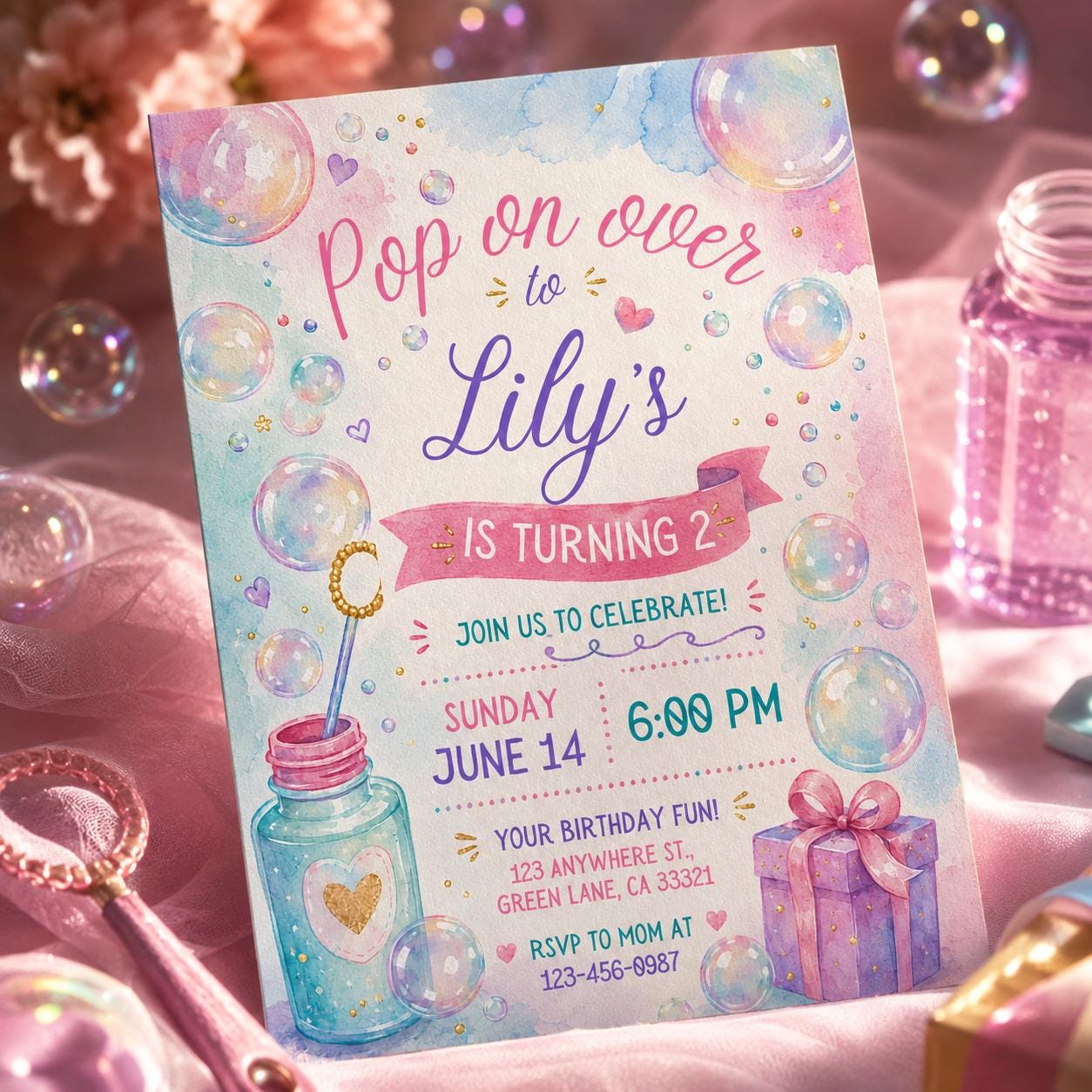 Editable Pastel Pop On Over Bubble Birthday Invitation, Blue Bubble Party, Canva Template __etsy:8097189935