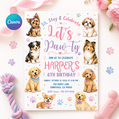 Editable Paw-ty Birthday Invitation Template, Boys & Girls Bday, Puppy Birthday Invitation: Let's Paw-ty Canva Template (Digital Download) __etsy:8024616295