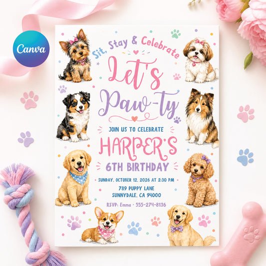 Editable Paw-ty Birthday Invitation Template, Boys & Girls Bday, Puppy Birthday Invitation: Let's Paw-ty Canva Template (Digital Download) __etsy:8024616295