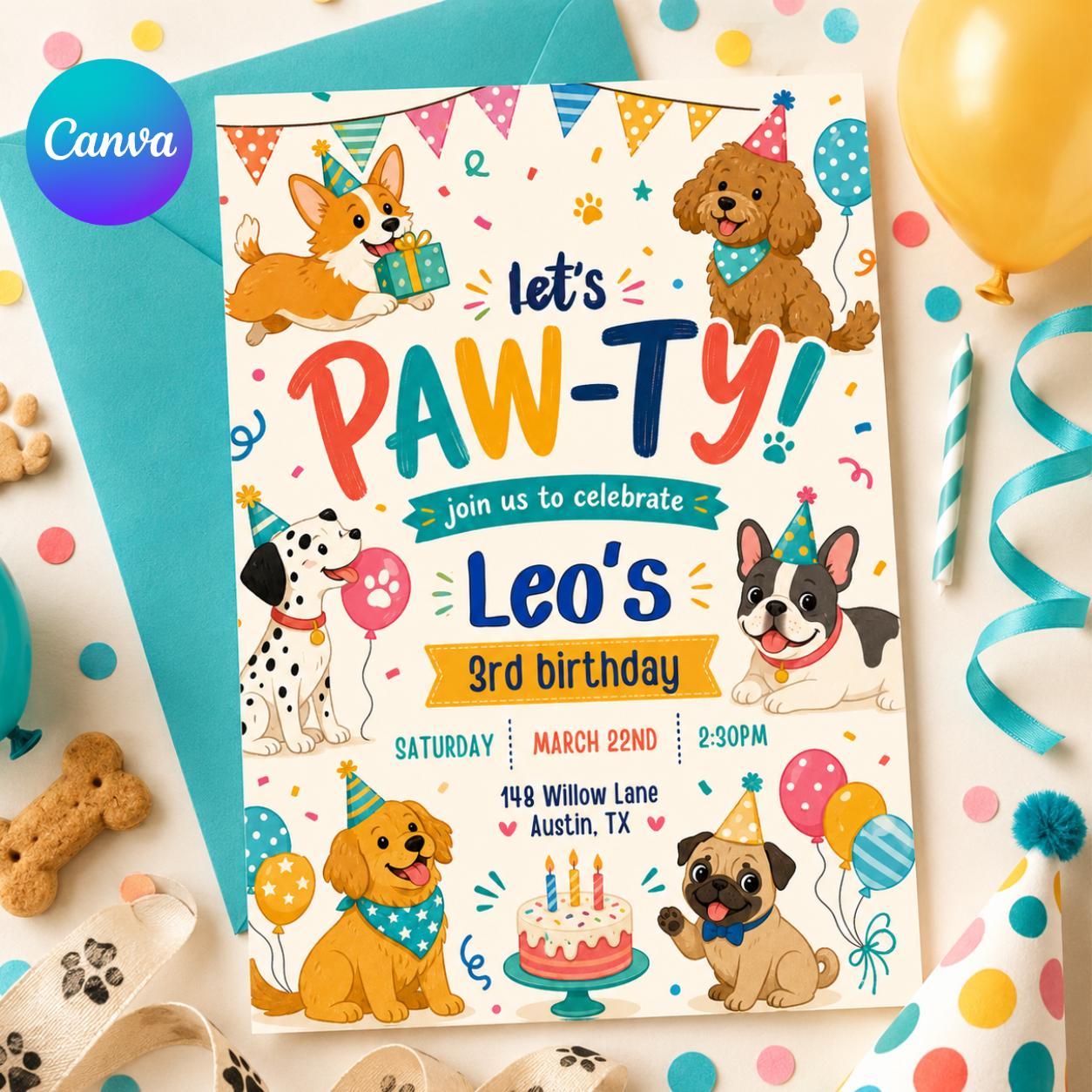 Editable Paw-ty Birthday Invitation Template, Boys & Girls Bday, Puppy Birthday Invitation: Let's Paw-ty Canva Template (Digital Download) __etsy:8039820599