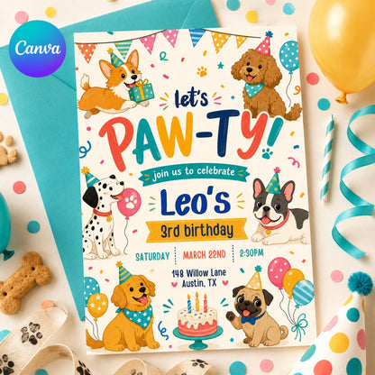 Editable Paw-ty Birthday Invitation Template, Boys & Girls Bday, Puppy Birthday Invitation: Let's Paw-ty Canva Template (Digital Download) __etsy:8039820599