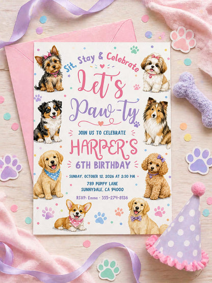 Editable Paw-ty Birthday Invitation Template, Boys & Girls Bday, Puppy Birthday Invitation: Let's Paw-ty Canva Template (Digital Download) __etsy:8018216711