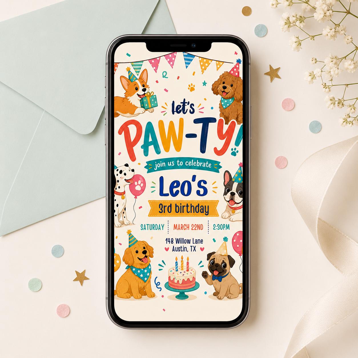 Editable Paw-ty Birthday Invitation Template, Boys & Girls Bday, Puppy Birthday Invitation: Let's Paw-ty Canva Template (Digital Download) __etsy:8039820625