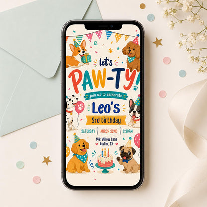 Editable Paw-ty Birthday Invitation Template, Boys & Girls Bday, Puppy Birthday Invitation: Let's Paw-ty Canva Template (Digital Download) __etsy:8039820625