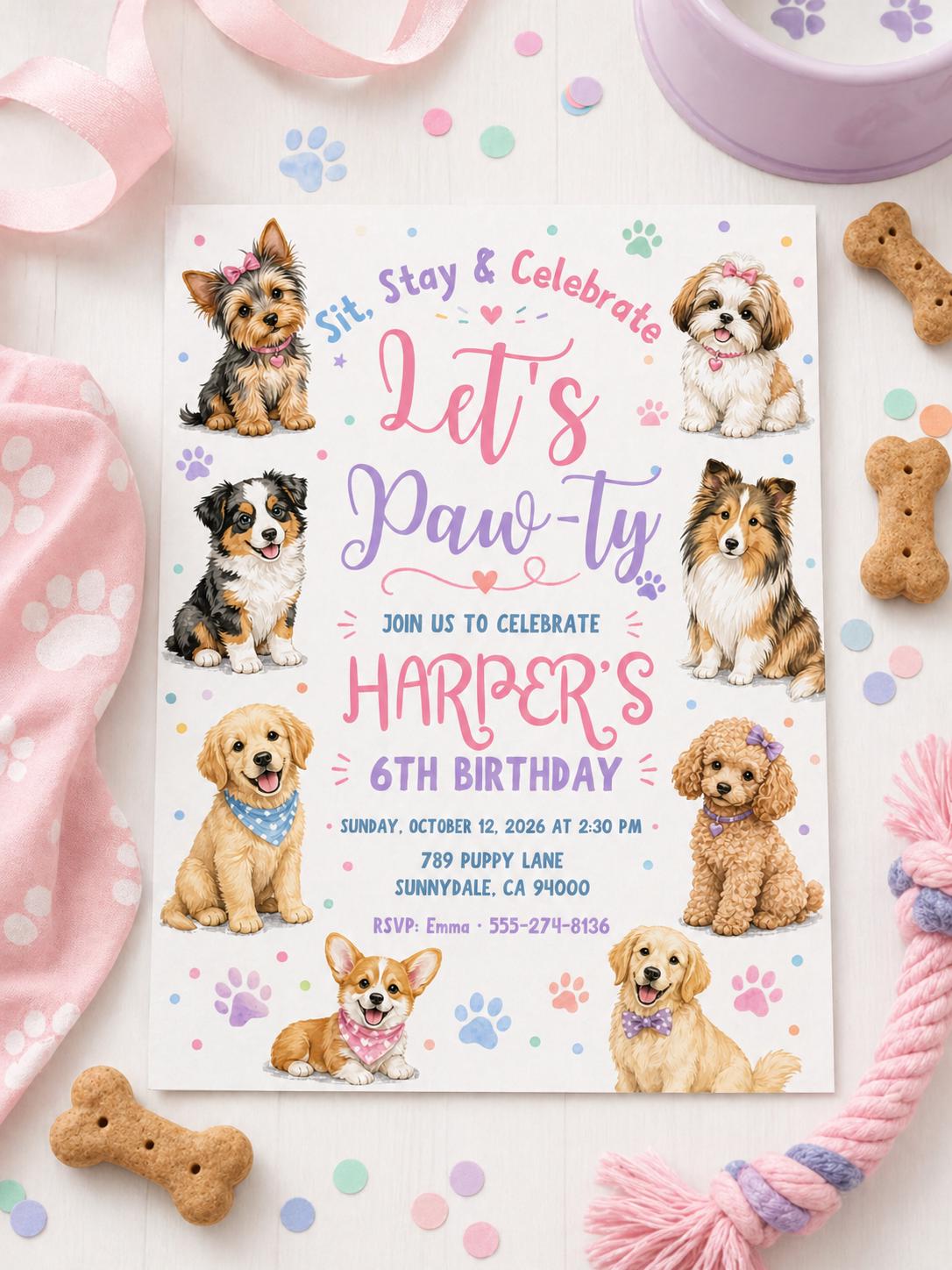 Editable Paw-ty Birthday Invitation Template, Boys & Girls Bday, Puppy Birthday Invitation: Let's Paw-ty Canva Template (Digital Download) __etsy:7970265672