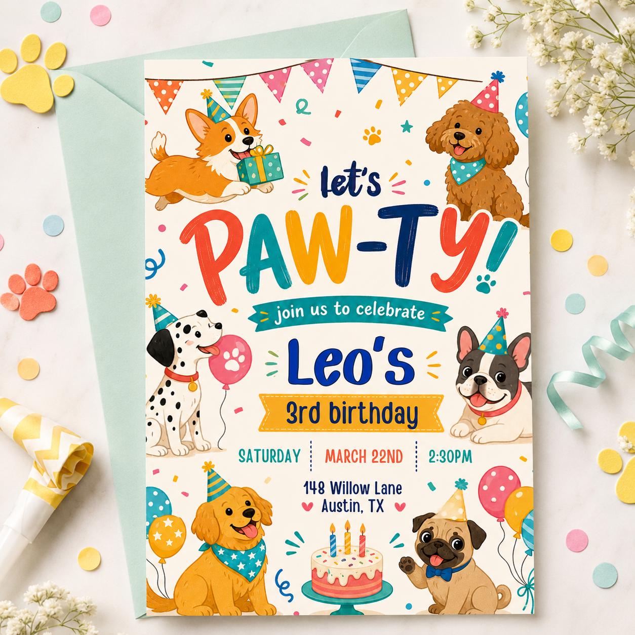 Editable Paw-ty Birthday Invitation Template, Boys & Girls Bday, Puppy Birthday Invitation: Let's Paw-ty Canva Template (Digital Download) __etsy:7991881434