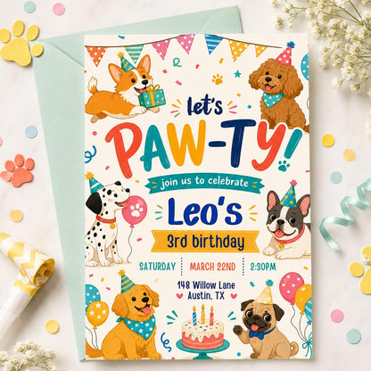 Editable Paw-ty Birthday Invitation Template, Boys & Girls Bday, Puppy Birthday Invitation: Let's Paw-ty Canva Template (Digital Download) __etsy:7991881434