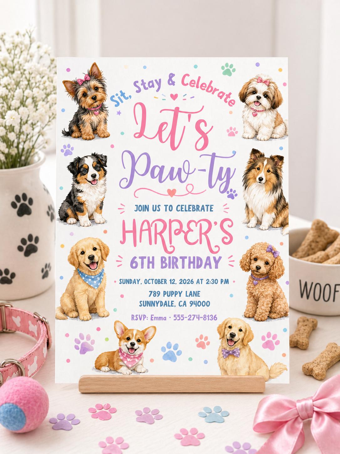 Editable Paw-ty Birthday Invitation Template, Boys & Girls Bday, Puppy Birthday Invitation: Let's Paw-ty Canva Template (Digital Download) __etsy:7970265670