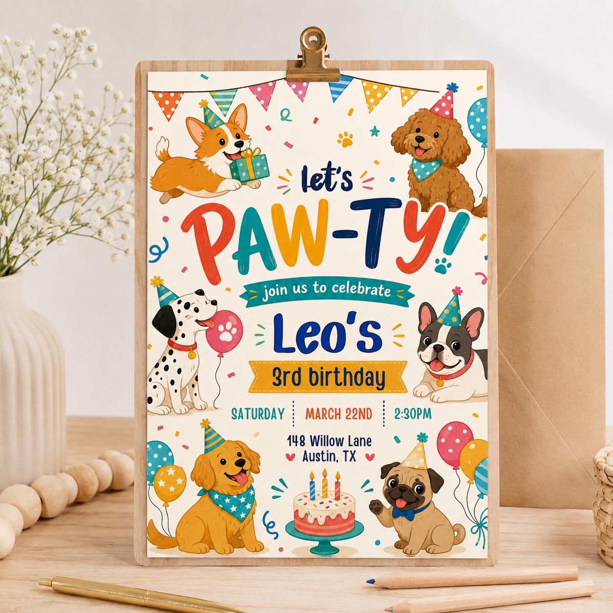 Editable Paw-ty Birthday Invitation Template, Boys & Girls Bday, Puppy Birthday Invitation: Let's Paw-ty Canva Template (Digital Download) __etsy:7991882040