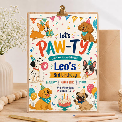 Editable Paw-ty Birthday Invitation Template, Boys & Girls Bday, Puppy Birthday Invitation: Let's Paw-ty Canva Template (Digital Download) __etsy:7991882040