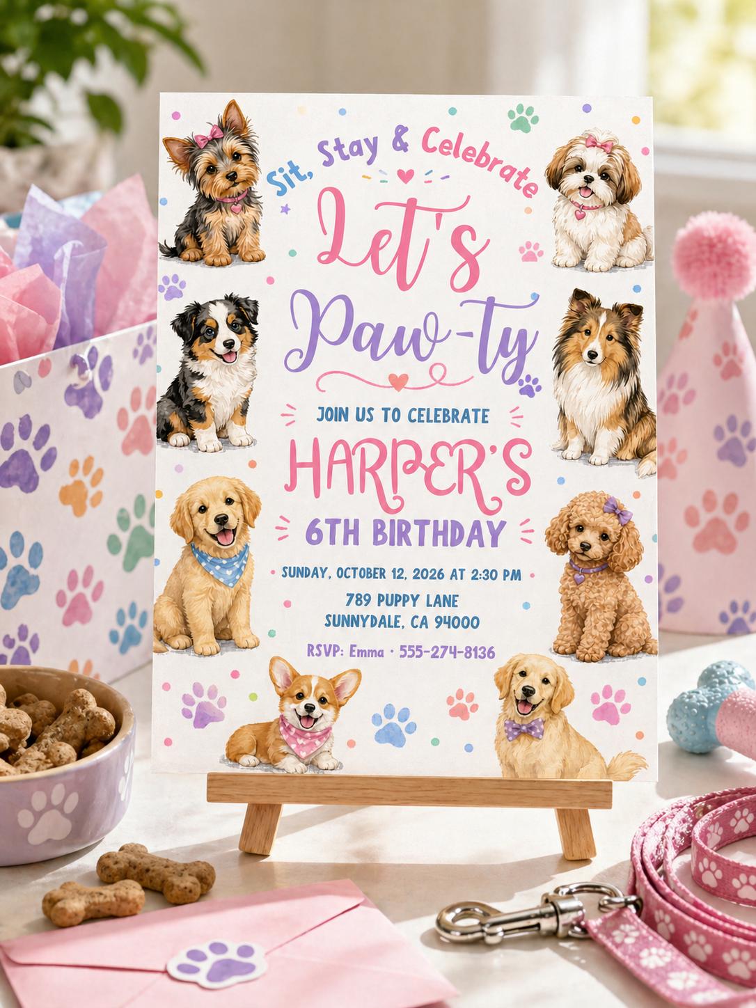 Editable Paw-ty Birthday Invitation Template, Boys & Girls Bday, Puppy Birthday Invitation: Let's Paw-ty Canva Template (Digital Download) __etsy:8018216709