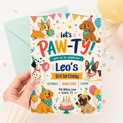 Editable Paw-ty Birthday Invitation Template, Boys & Girls Bday, Puppy Birthday Invitation: Let's Paw-ty Canva Template (Digital Download) __etsy:8039821107