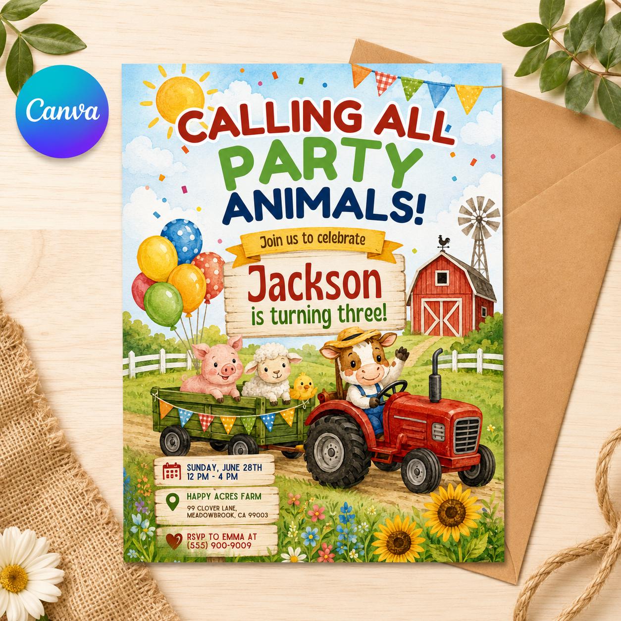 Editable Pink Farm Birthday, farm theme invite, barn animals with party hats, Farm Animals Birthday Invitation, Kids Ranch Party, Canva __etsy:8059353492