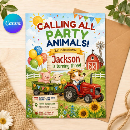 Editable Pink Farm Birthday, farm theme invite, barn animals with party hats, Farm Animals Birthday Invitation, Kids Ranch Party, Canva __etsy:8059353492