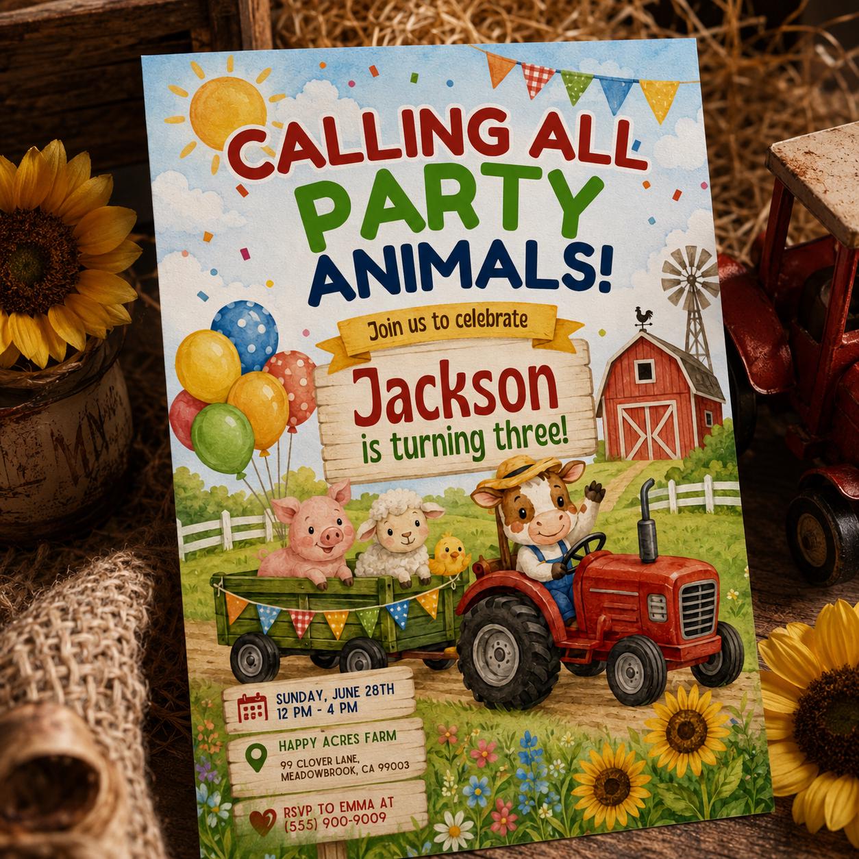 Editable Pink Farm Birthday, farm theme invite, barn animals with party hats, Farm Animals Birthday Invitation, Kids Ranch Party, Canva __etsy:8107266791