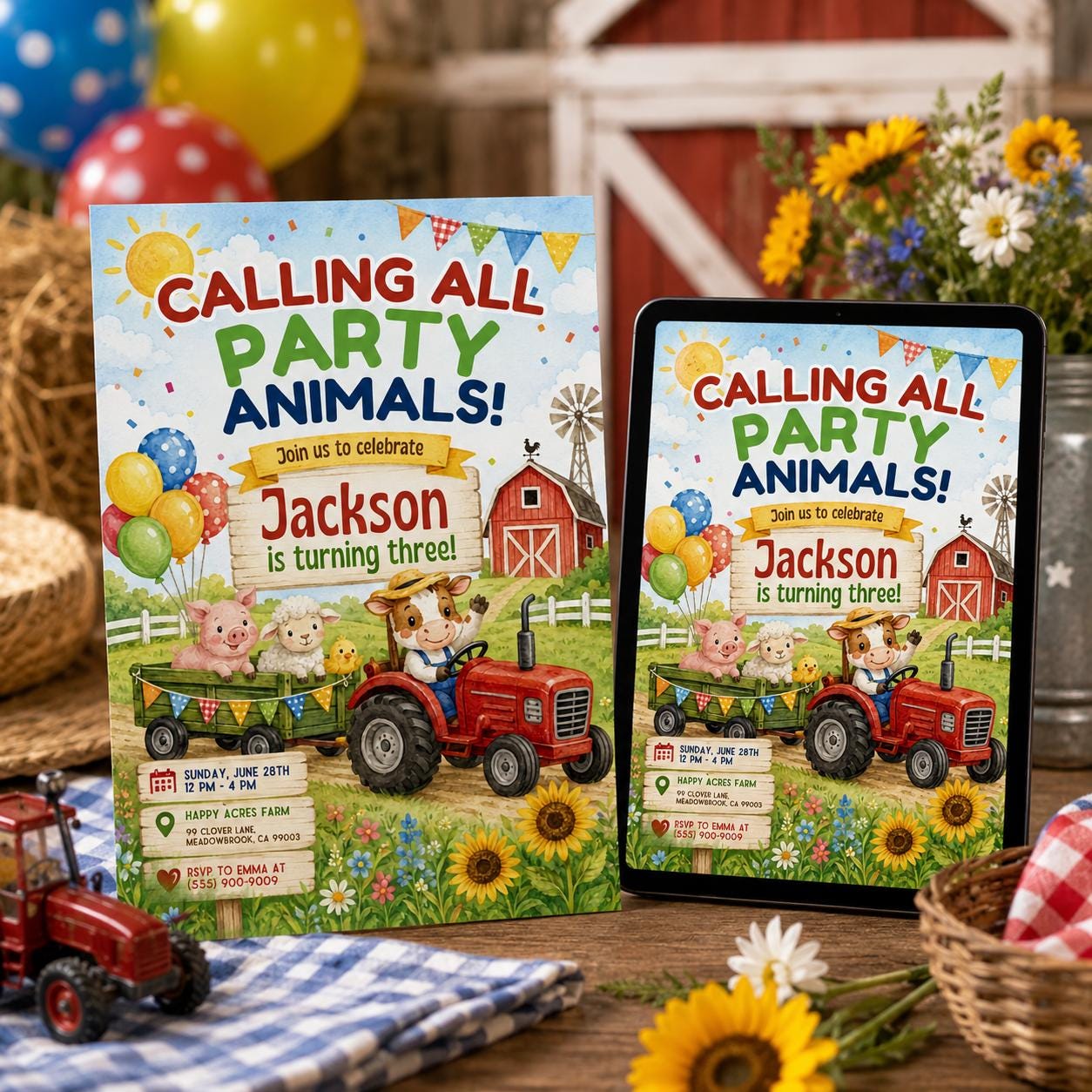 Editable Pink Farm Birthday, farm theme invite, barn animals with party hats, Farm Animals Birthday Invitation, Kids Ranch Party, Canva __etsy:8107266895