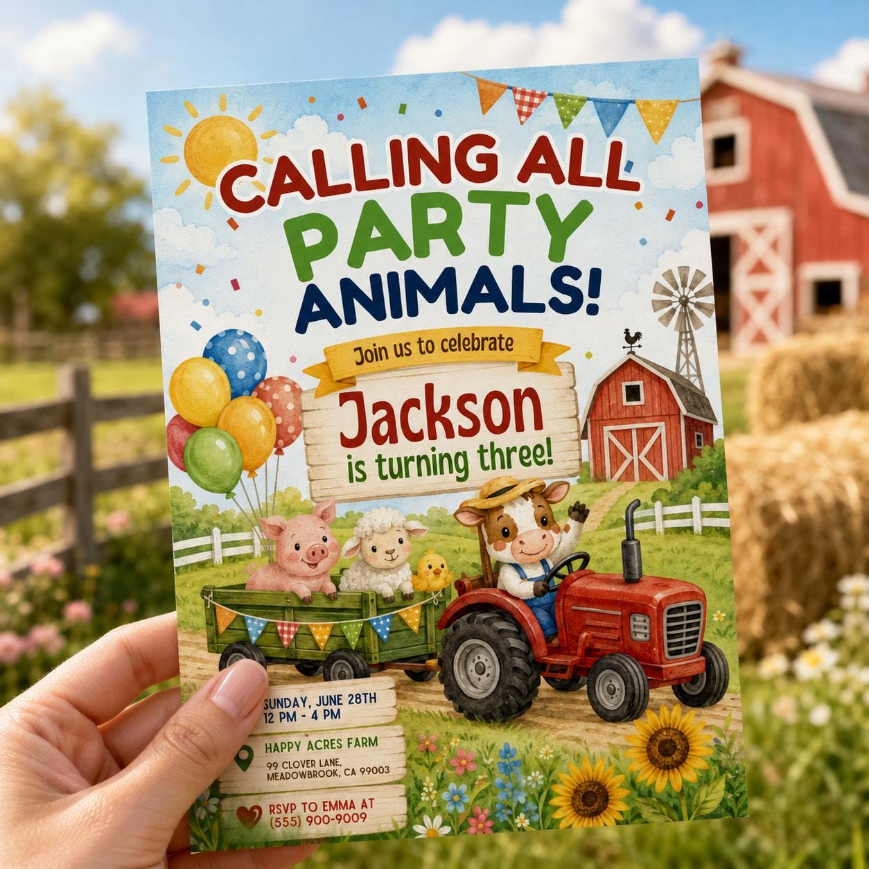 Editable Pink Farm Birthday, farm theme invite, barn animals with party hats, Farm Animals Birthday Invitation, Kids Ranch Party, Canva __etsy:8059353792