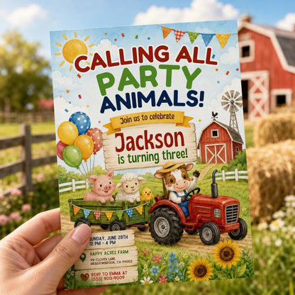 Editable Pink Farm Birthday, farm theme invite, barn animals with party hats, Farm Animals Birthday Invitation, Kids Ranch Party, Canva __etsy:8059353792
