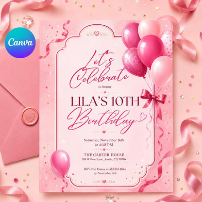 Editable Pink Glitter Balloons Birthday Invitation, Pink Balloons Girl Birthday Invite, Balloons Minimalist Birthday Invitation, Canva __etsy:8003757328