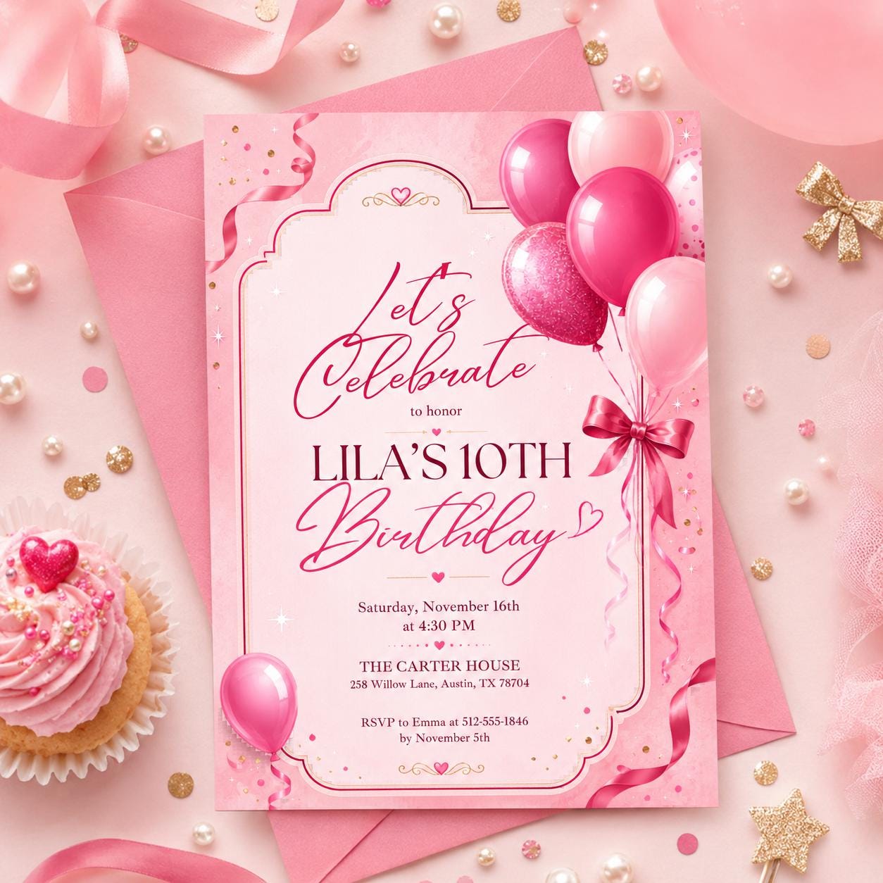 Editable Pink Glitter Balloons Birthday Invitation, Pink Balloons Girl Birthday Invite, Balloons Minimalist Birthday Invitation, Canva __etsy:8003746776