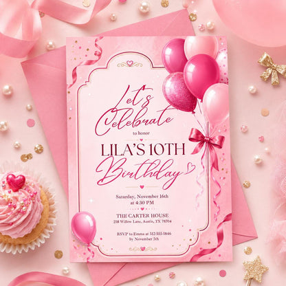 Editable Pink Glitter Balloons Birthday Invitation, Pink Balloons Girl Birthday Invite, Balloons Minimalist Birthday Invitation, Canva __etsy:8003746776