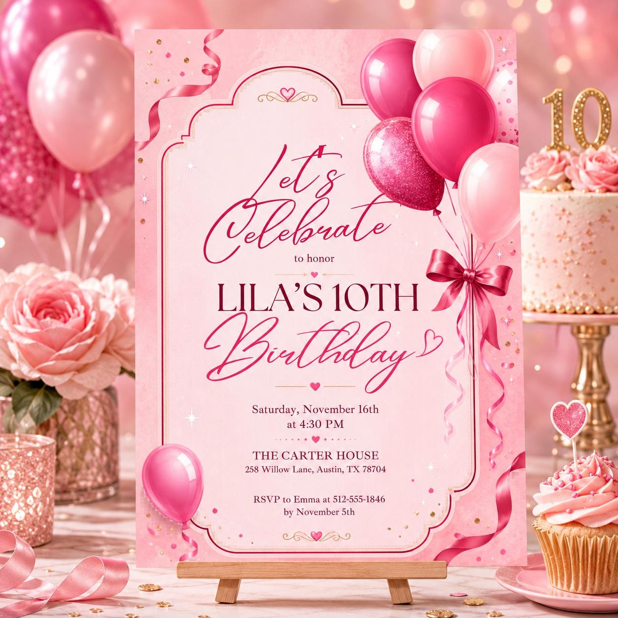 Editable Pink Glitter Balloons Birthday Invitation, Pink Balloons Girl Birthday Invite, Balloons Minimalist Birthday Invitation, Canva __etsy:8003746830