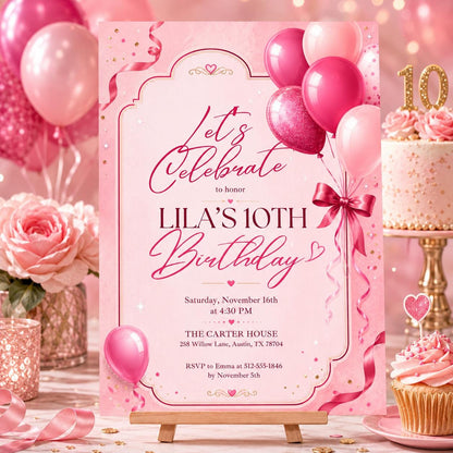 Editable Pink Glitter Balloons Birthday Invitation, Pink Balloons Girl Birthday Invite, Balloons Minimalist Birthday Invitation, Canva __etsy:8003746830