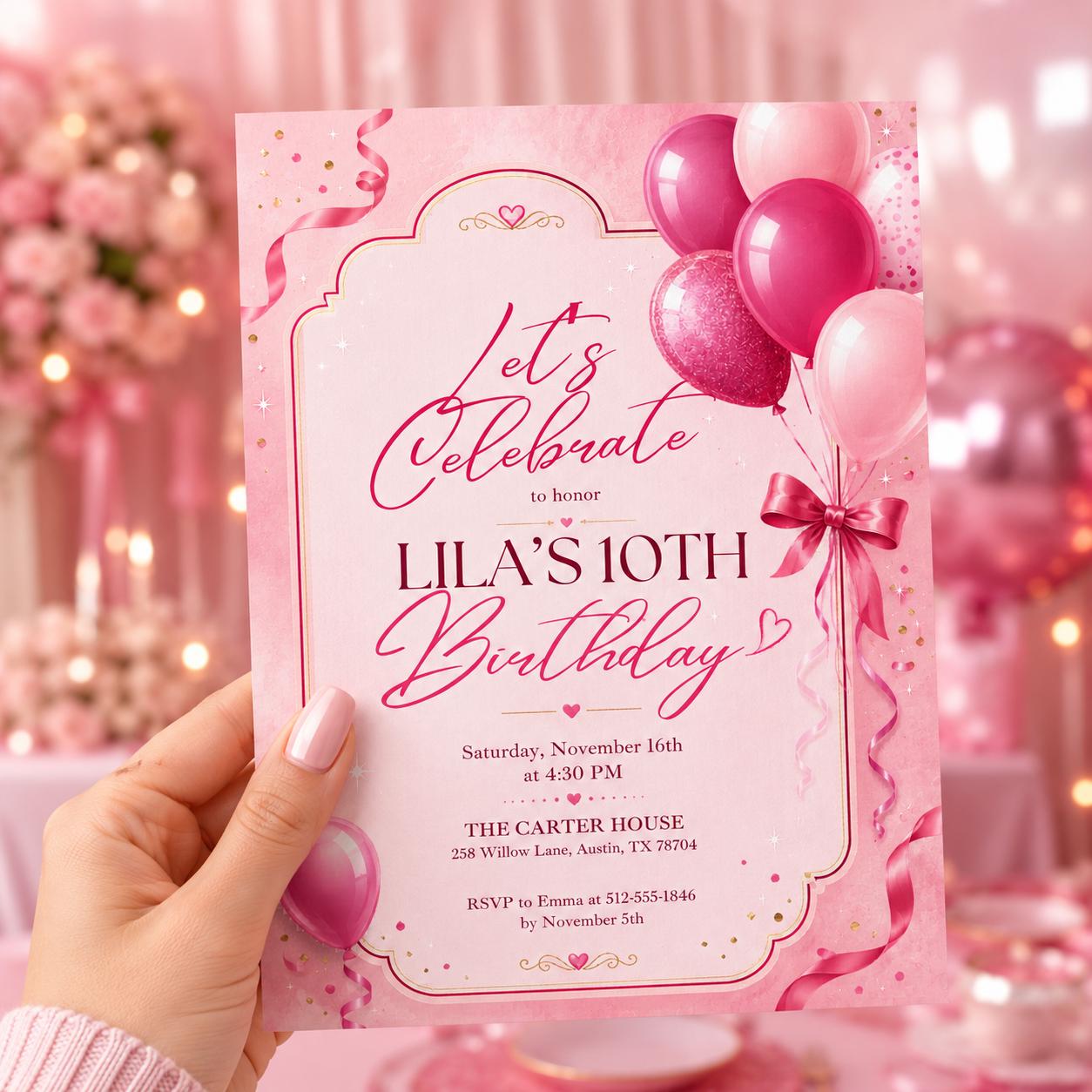 Editable Pink Glitter Balloons Birthday Invitation, Pink Balloons Girl Birthday Invite, Balloons Minimalist Birthday Invitation, Canva __etsy:8003746828