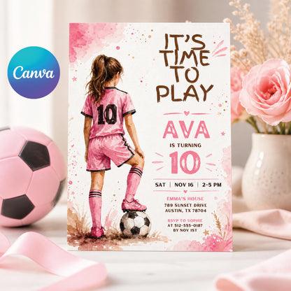 Editable Pink Soccer Party Template, Girls Sports Birthday Invite, Football Birthday Invite, Canva Template, Digital Download __etsy:8024559211