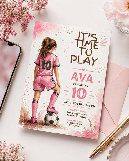 Editable Pink Soccer Party Template, Girls Sports Birthday Invite, Football Birthday Invite, Canva Template, Digital Download __etsy:7973806850