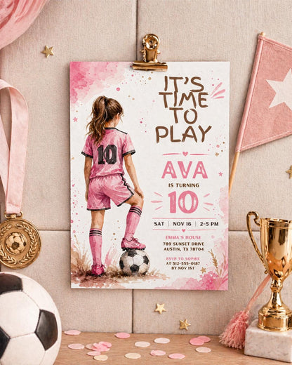 Editable Pink Soccer Party Template, Girls Sports Birthday Invite, Football Birthday Invite, Canva Template, Digital Download __etsy:8021756033