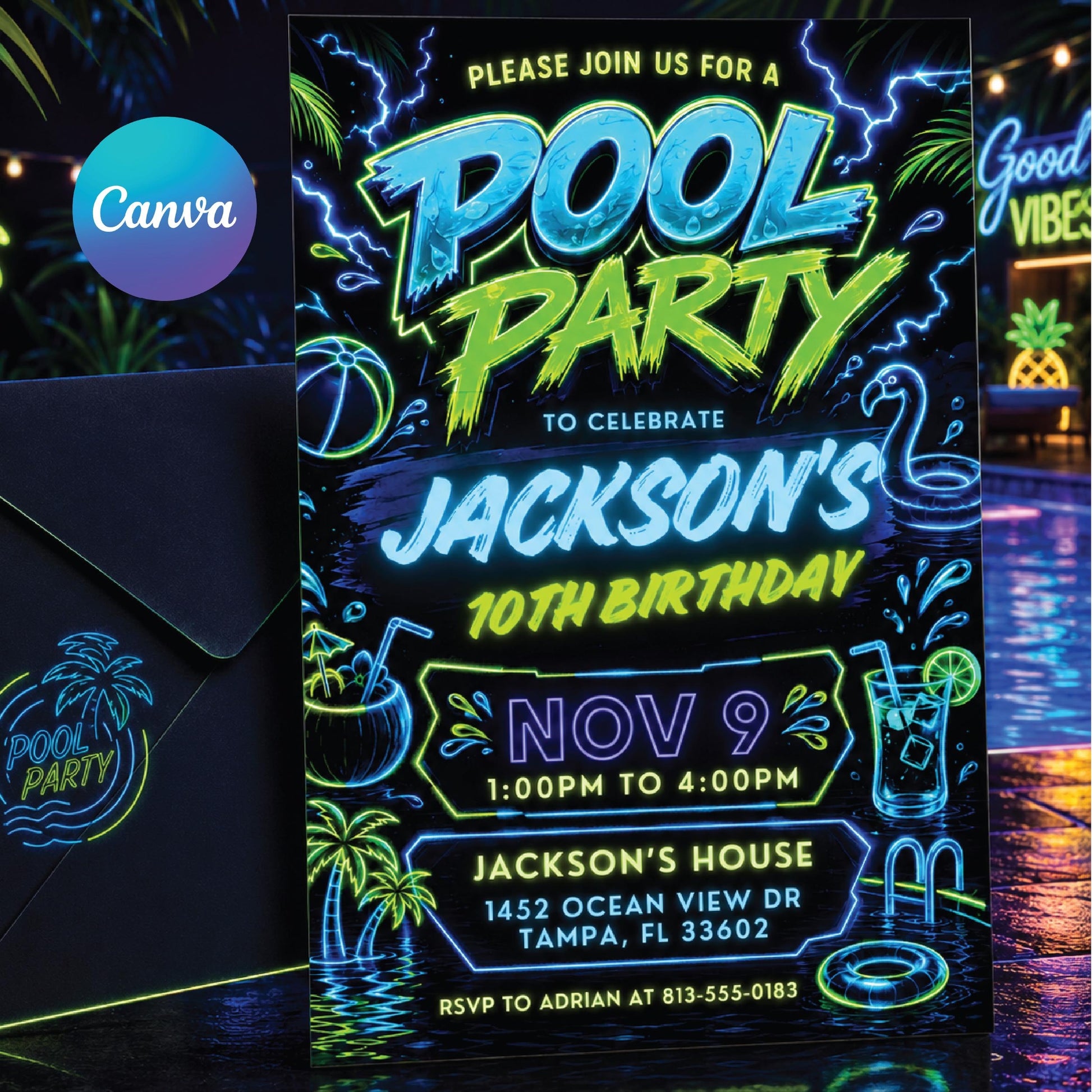 Editable Pool Party Birthday Invitation, Neon Glow Swim Invite for Boys Blue Green, Neon Pool Party Invitation, Editable Canva Template __etsy:8058741433